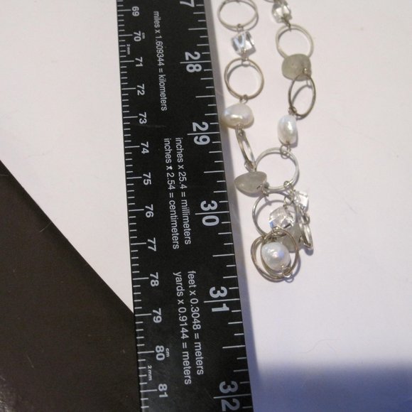 ASKA Long Chain Layered Necklace Silver Toned White Beads Clear Square Pendant - Picture 11 of 13